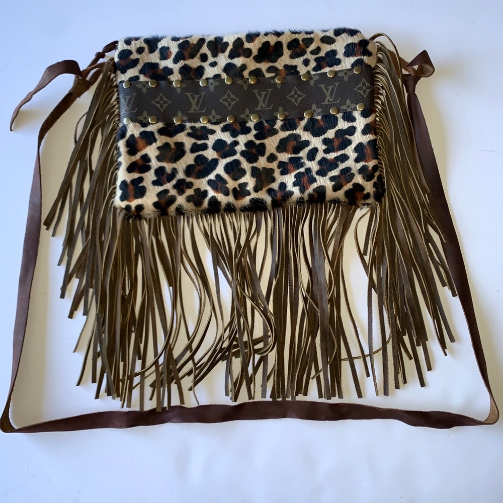 Leopard Upcycled Leather Fringe Crossbody